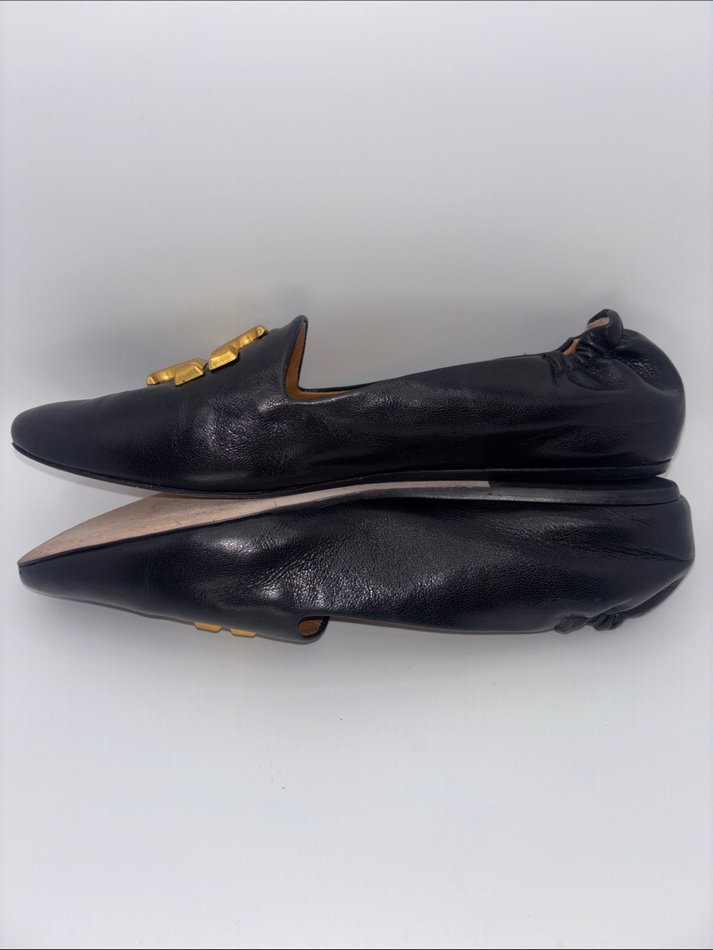 Tory Burch Black Leather Slip-On Loafers with Gold Logo - Picture 11 of 12
